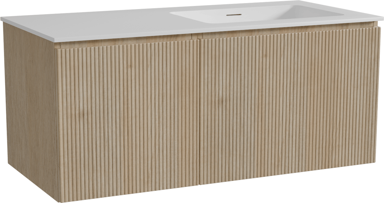 Storke Ribs zwevend badkamermeubel 110 x 52 cm ruwe eik met Mata asymmetrisch rechtse wastafel in solid surface mat wit, Verticale symmetrische rechte ribbel