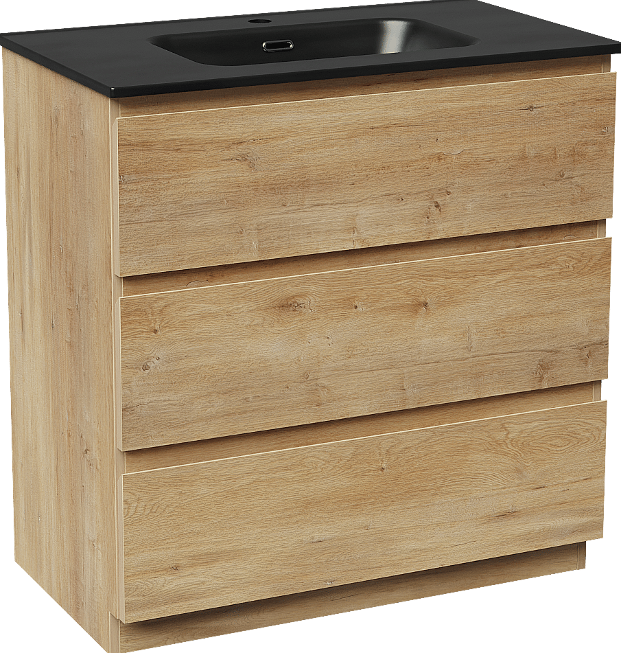 Linie Lado meuble salle de bains à poser 80 x 46 cm chêne naturel avec Baro plan simple en porcelaine noir mat