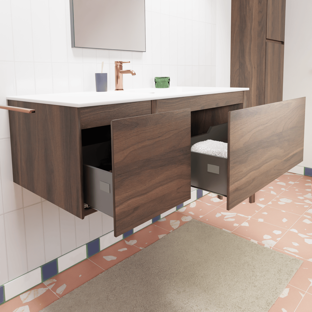 Storke Edge hängendes Möbelstück Set: 110 x 52 cm, Nussbaum, mit Mata Waschtisch rechts, Solid Surface Weiß matt