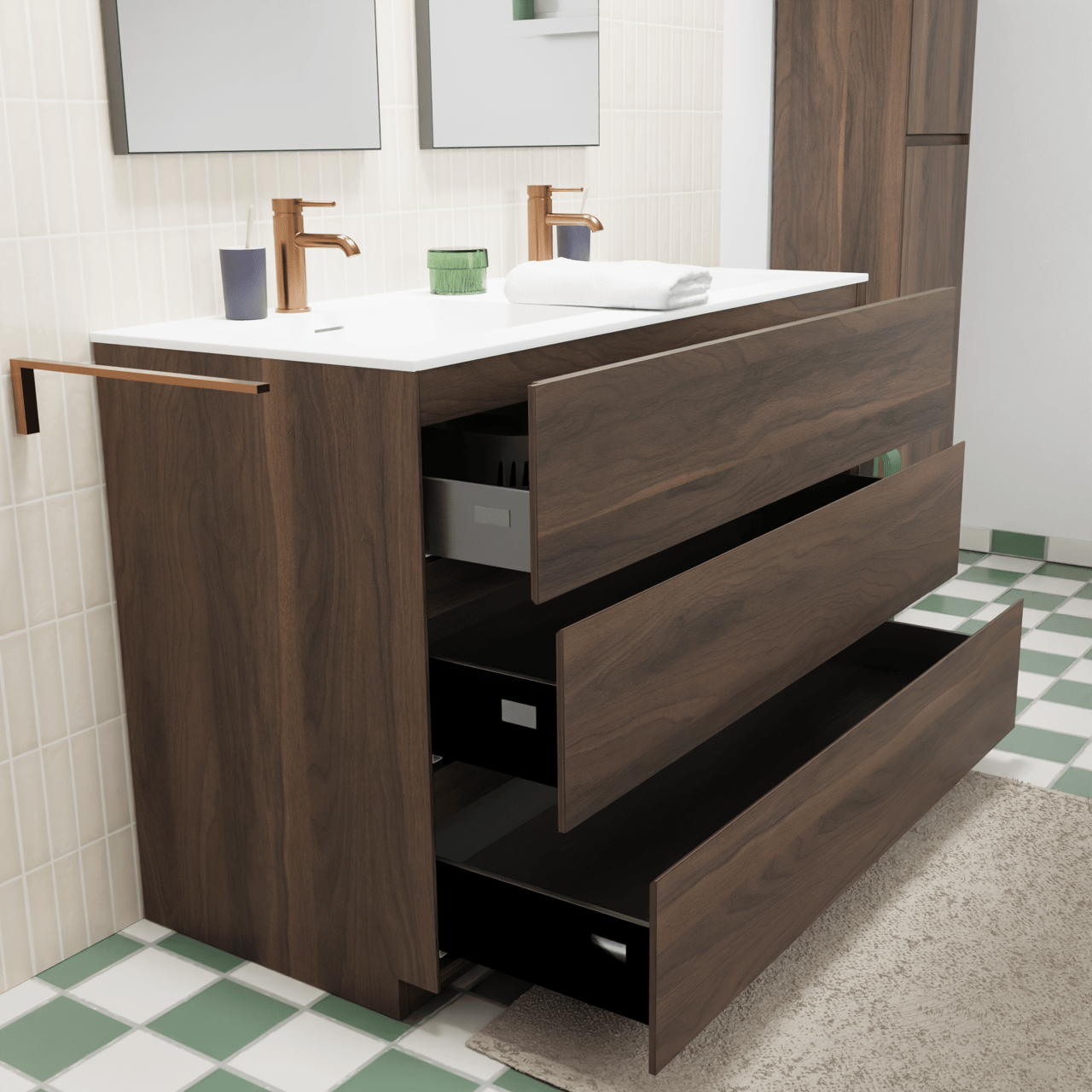 Storke Edge staand badmeubel 120 x 52 cm notenhout met Mata dubbele wastafel in solid surface mat wit