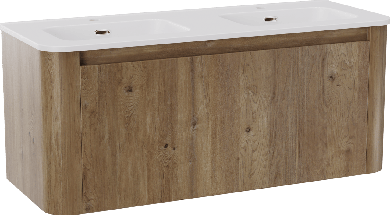 Storke Soft meuble salle de bains suspendu 120 x 46 cm chêne brut avec Kera Soft double vasque en porcelaine blanc mat