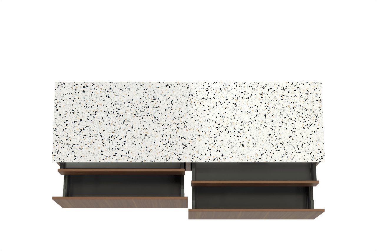 Balmani Sfera hängendes Möbelstück Set: 180 x 55 cm, Amerikanischer Nussbaum, mit Stretto Einzel- oder Doppel Waschtischplatte, Terrazzo in Weiß/Schwarz matt