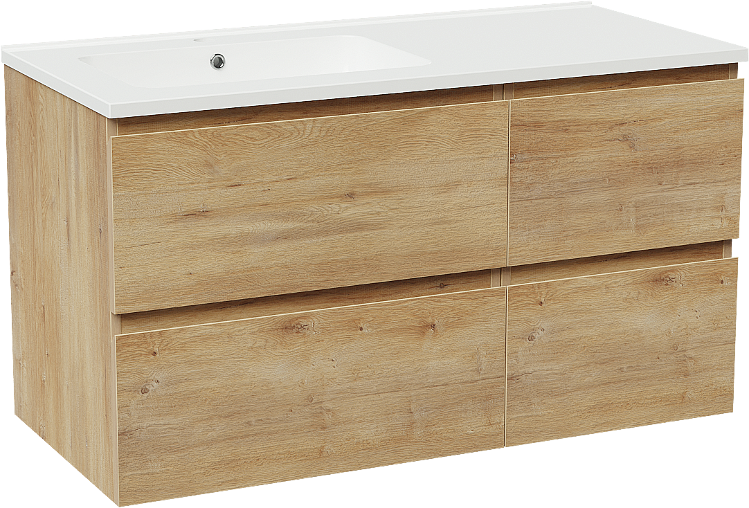 Linie Lado zwevend badkamermeubel 100 x 46 cm natuur eik met Vano asymmetrisch linkse wastafel in composietmarmer glanzend wit