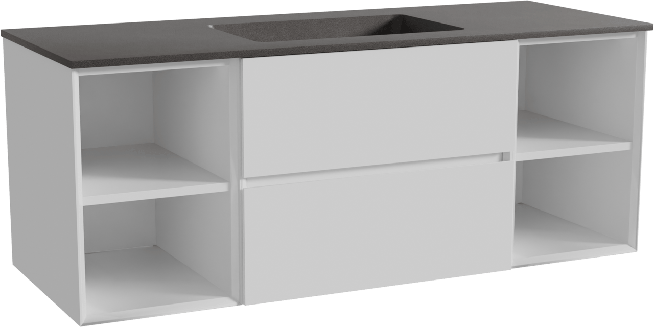 Storke Edge zwevend badmeubel 135 x 52 cm hoogglans wit met Scuro enkele wastafel in kwarts mat zwart