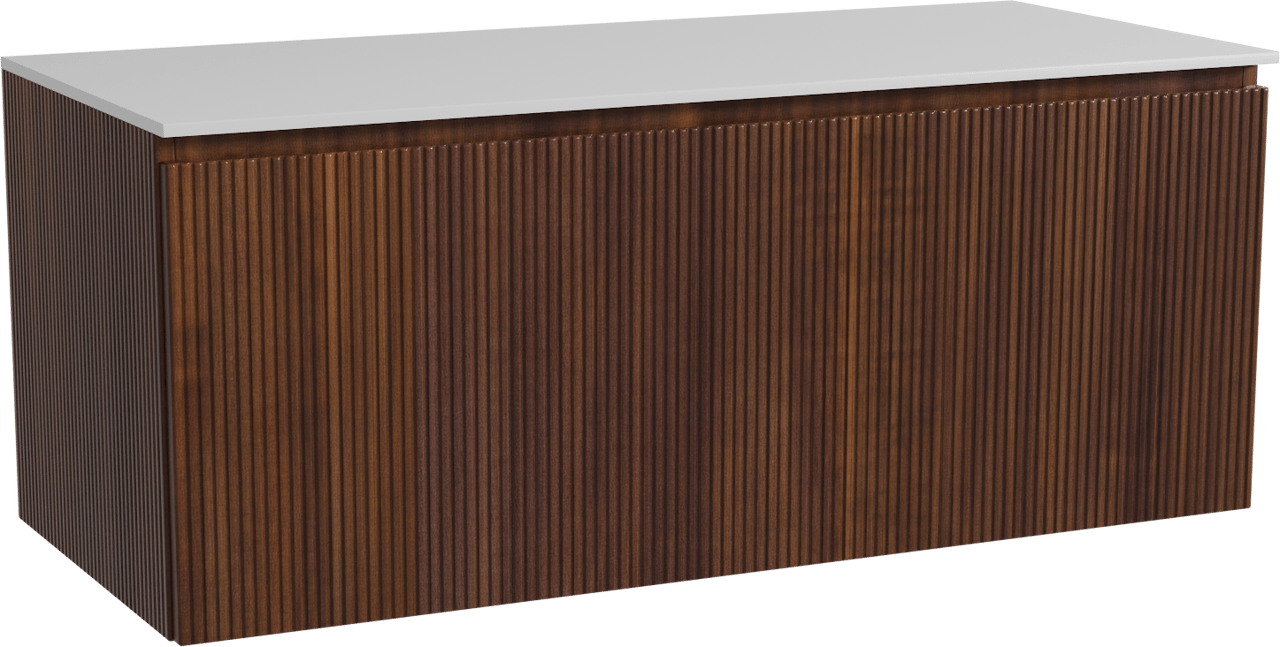 Storke Ribs zwevend badmeubel 120 x 52 cm notenhout met Tavola enkel of dubbel wastafelblad in solid surface mat wit, Verticale symmetrische rechte ribbel