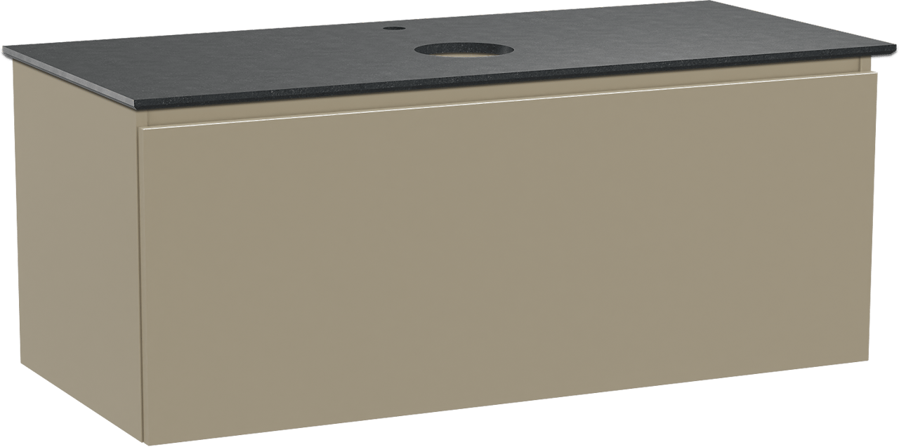 Balmani Sfera hängendes Möbelstück Set: 120 x 55 cm, Dune, mit Facetta Einzel Waschtischplatte, Schwarzes Granit