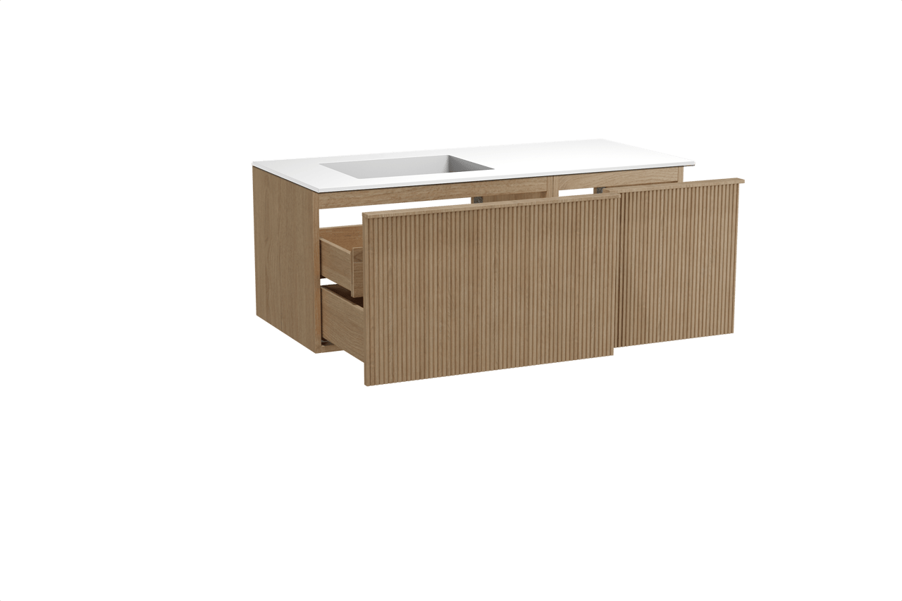 Balmani Forma hängendes Möbelstück Set: 120 x 55 cm, Naturbelassene Eiche, mit Tablo Stretto Waschtisch links, Solid Surface, Weiß matt, Vertikale symmetrische gerade Rippe