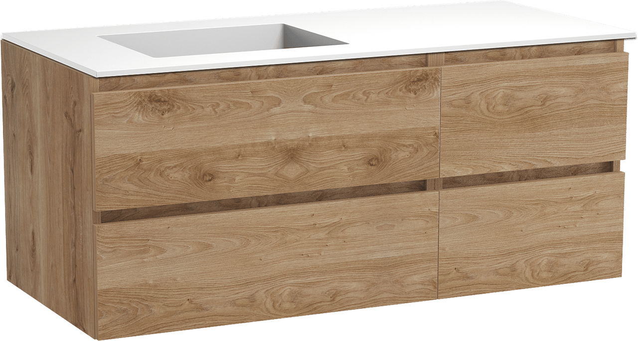 Balmani Lucida hängendes Möbelstück Set: 120 x 55 cm, Rohe Eiche, mit Tablo Stretto Waschtisch links, Solid Surface Weiß matt