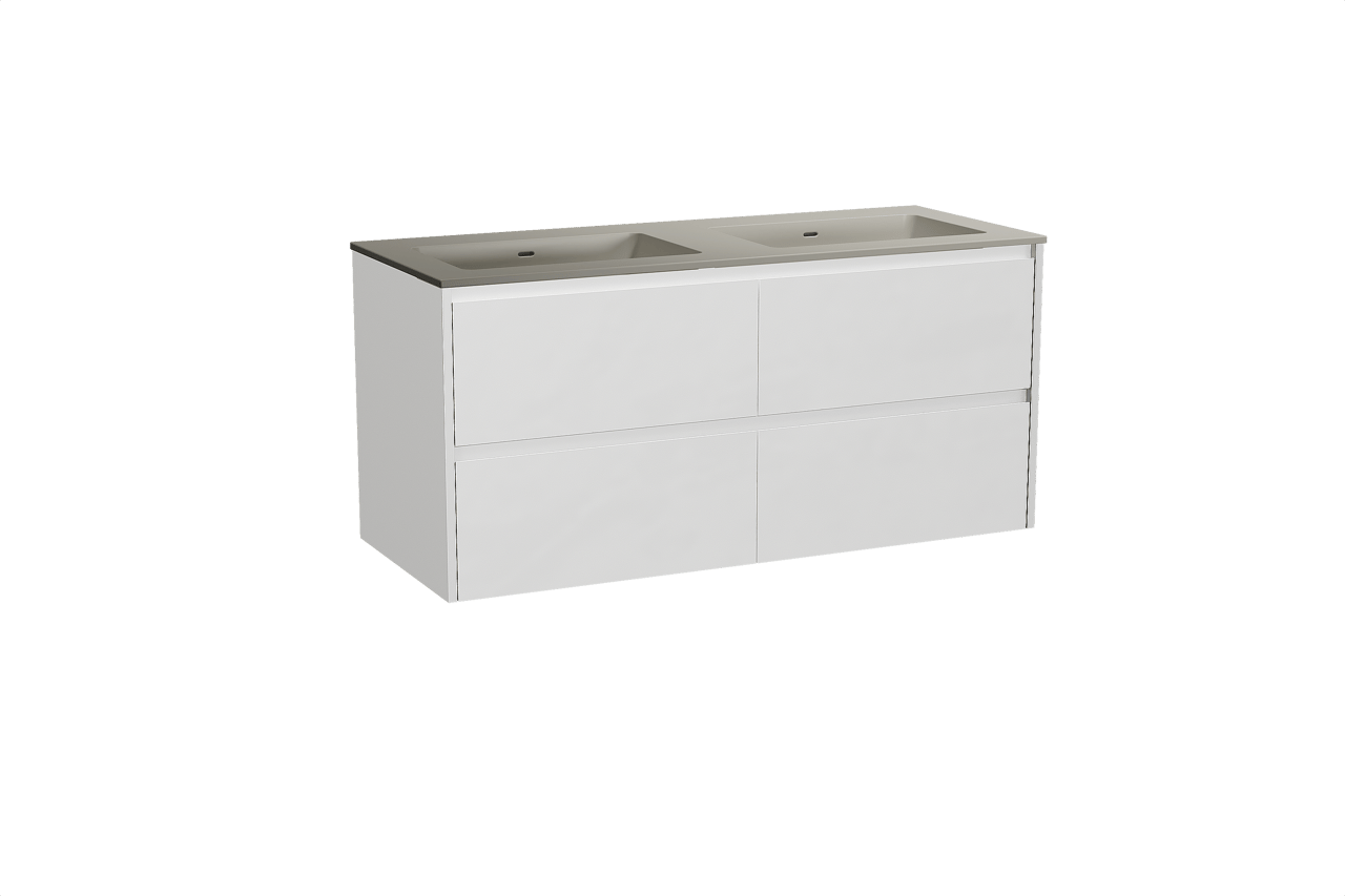 Storke Seda hängendes Möbelstück Set: 130 x 52 cm, Weiß matt, mit Diva Doppelwaschtisch, Top Solid Seidengrau