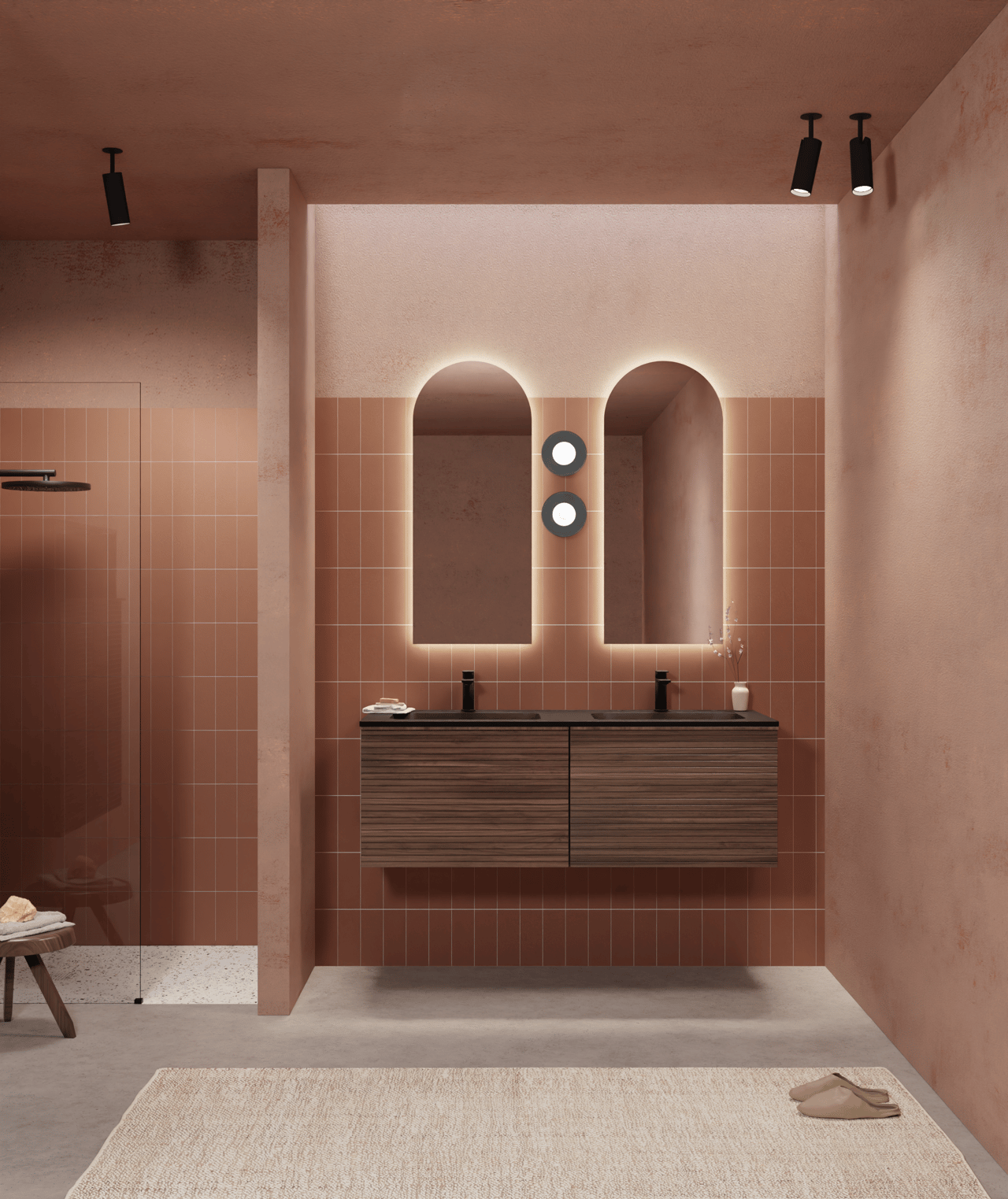 Balmani Forma meuble sous-vasque suspendu nervure horizontale 67,5 x 55 cm noyer Américain 2 tiroirs