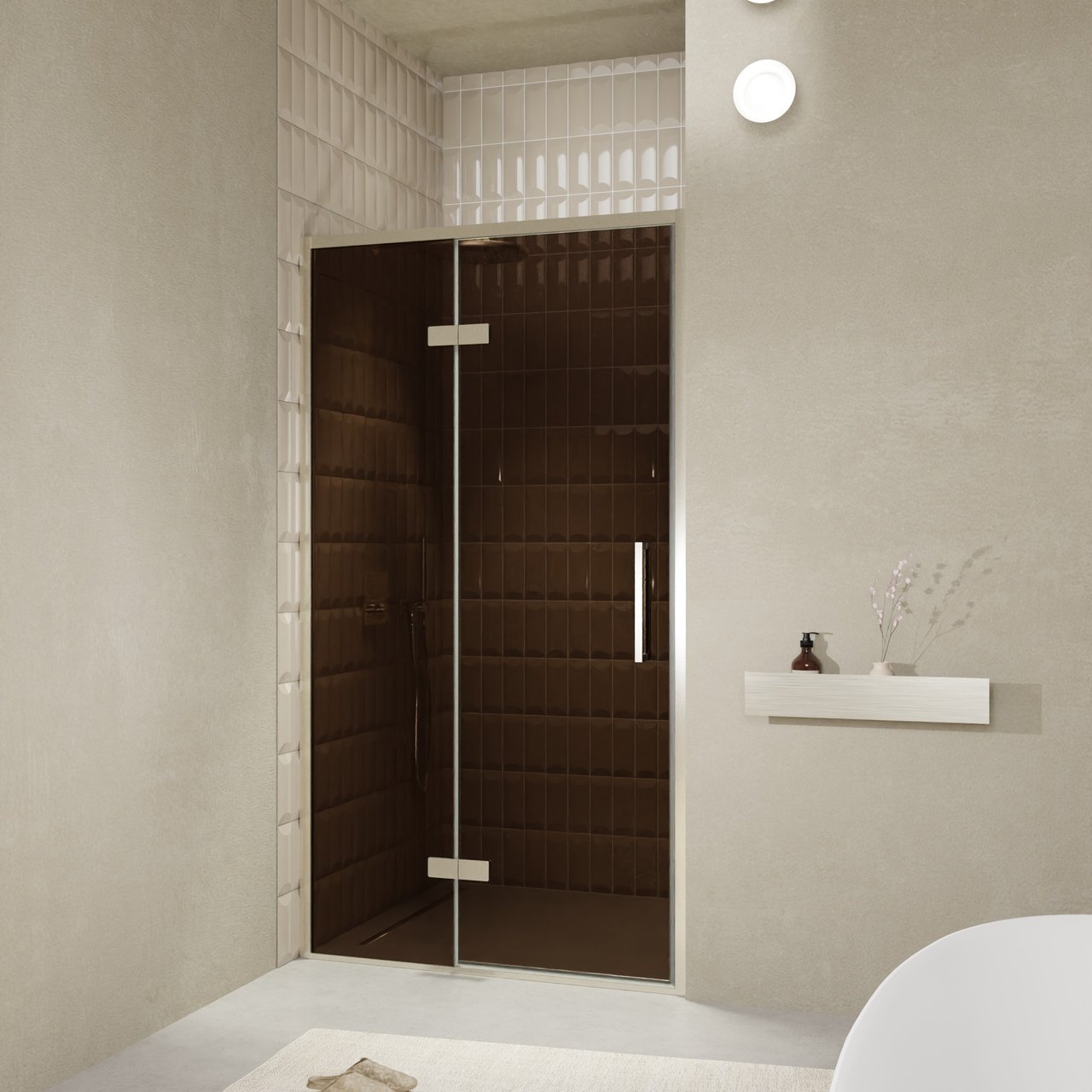 Balmani Senses Design Dusche Drehtür, Links, 120 cm x 210 cm, Bronze, Profil Brushed CoolMetal