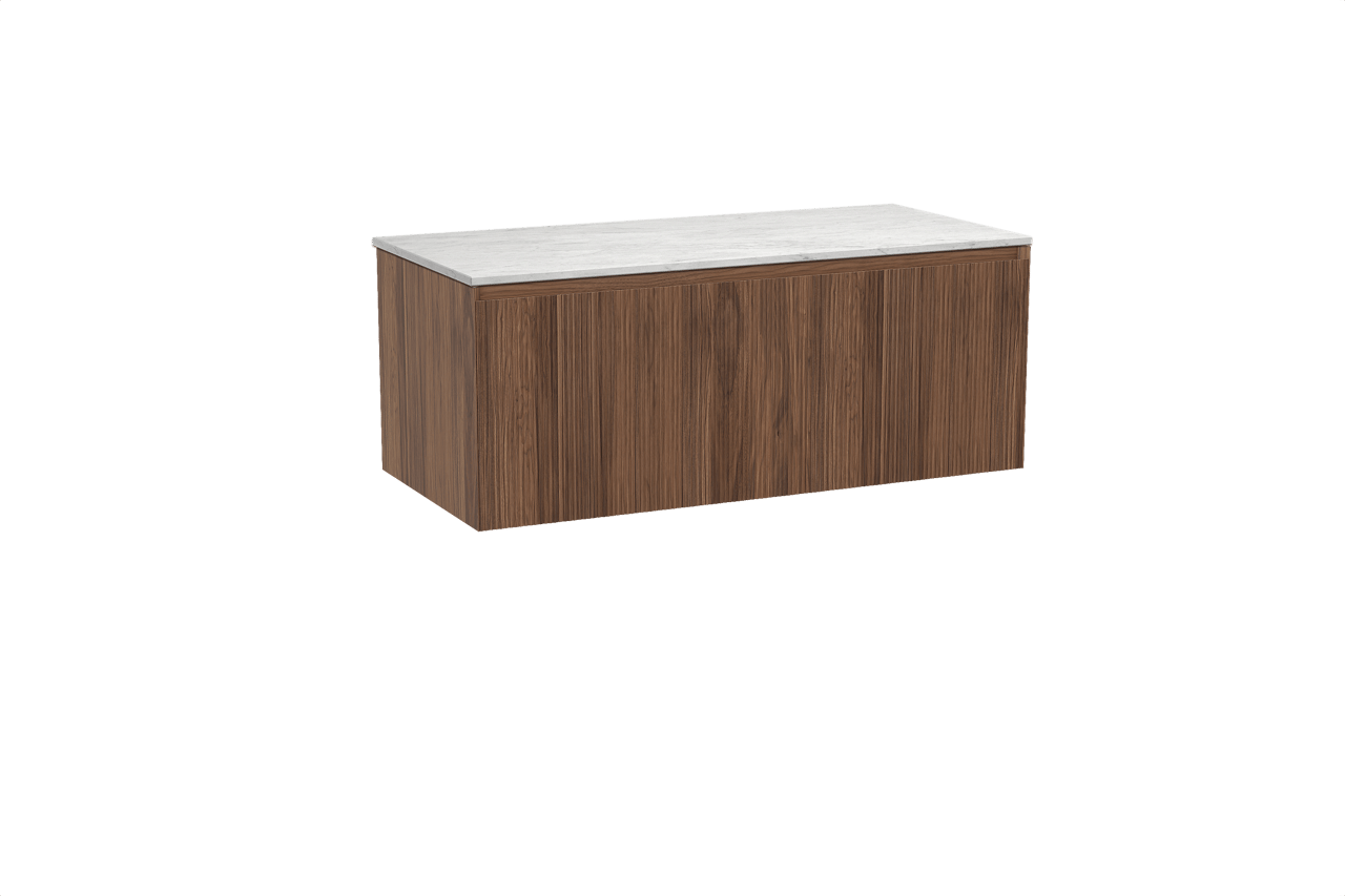 Balmani Fila hängendes Möbelstück Set: 120 x 55 cm, Nussbaum, mit Stretto Einzel- oder Doppel Waschtischplatte, Marmor, Carrara, Vertikale symmetrische gerade Rippe