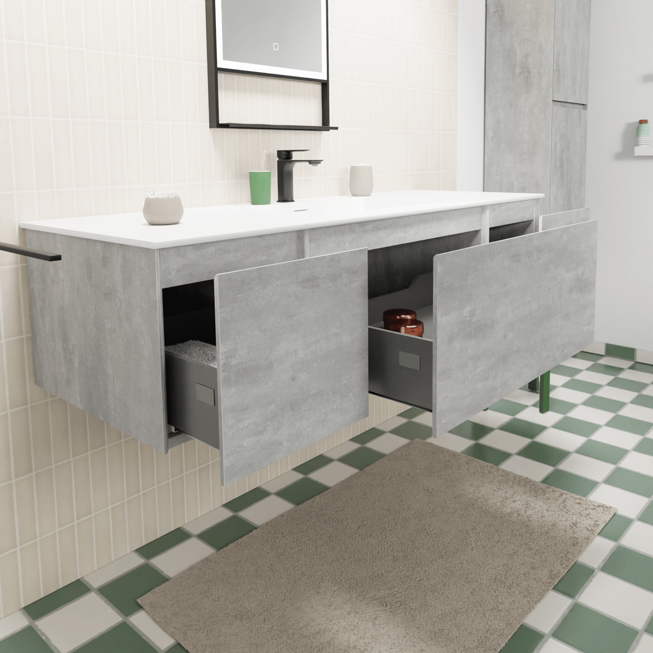 Storke Edge zwevend badkamermeubel 145 x 52 cm beton donkergrijs met Mata enkele wastafel in solid surface mat wit