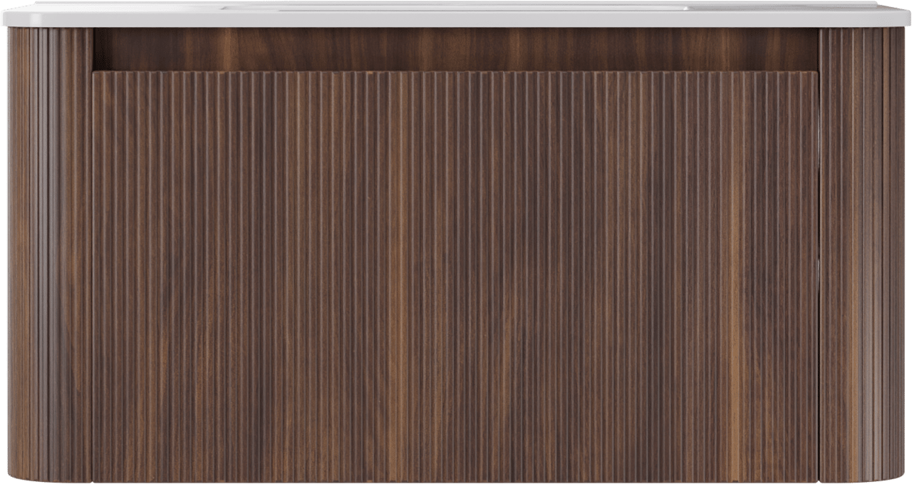 Storke Soft zwevend badmeubel 100 x 46 cm notenhout met Kera Soft enkele wastafel in porselein hoogglans wit, Verticale symmetrische rechte ribbel