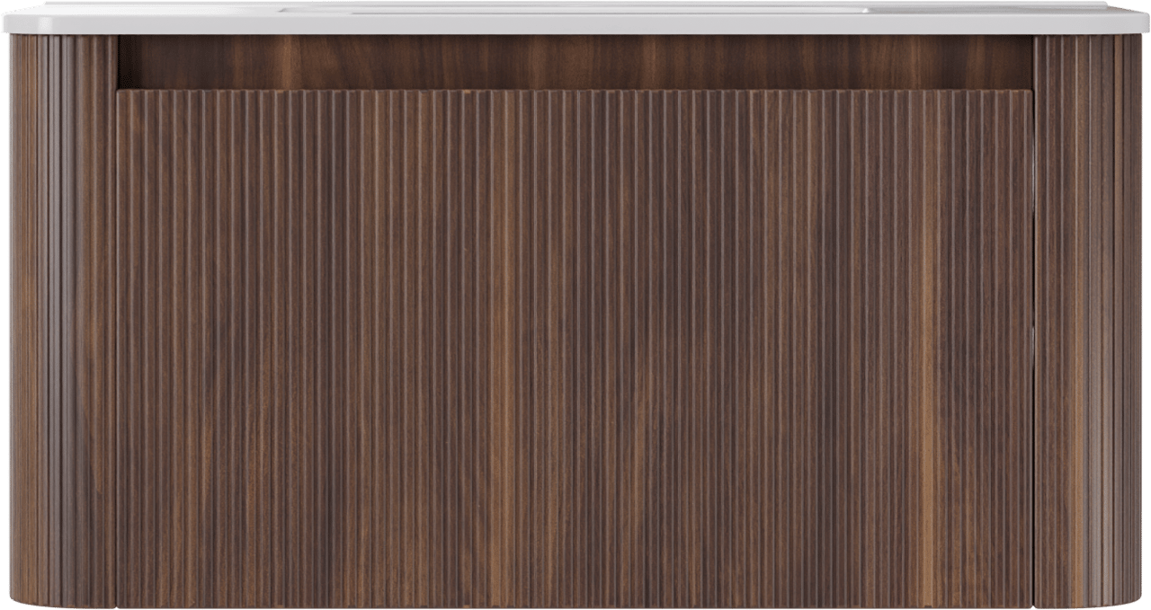 Storke Soft zwevend badkamermeubel 100 x 46 cm notelaar met Kera Soft enkele wastafel in porselein glanzend wit, Verticale symmetrische rechte ribbel