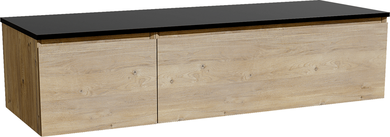 Storke Edge zwevend badmeubel 150 x 52 cm ruw eiken met Panton enkel of dubbel wastafelblad in gepoedercoate mdf mat zwart