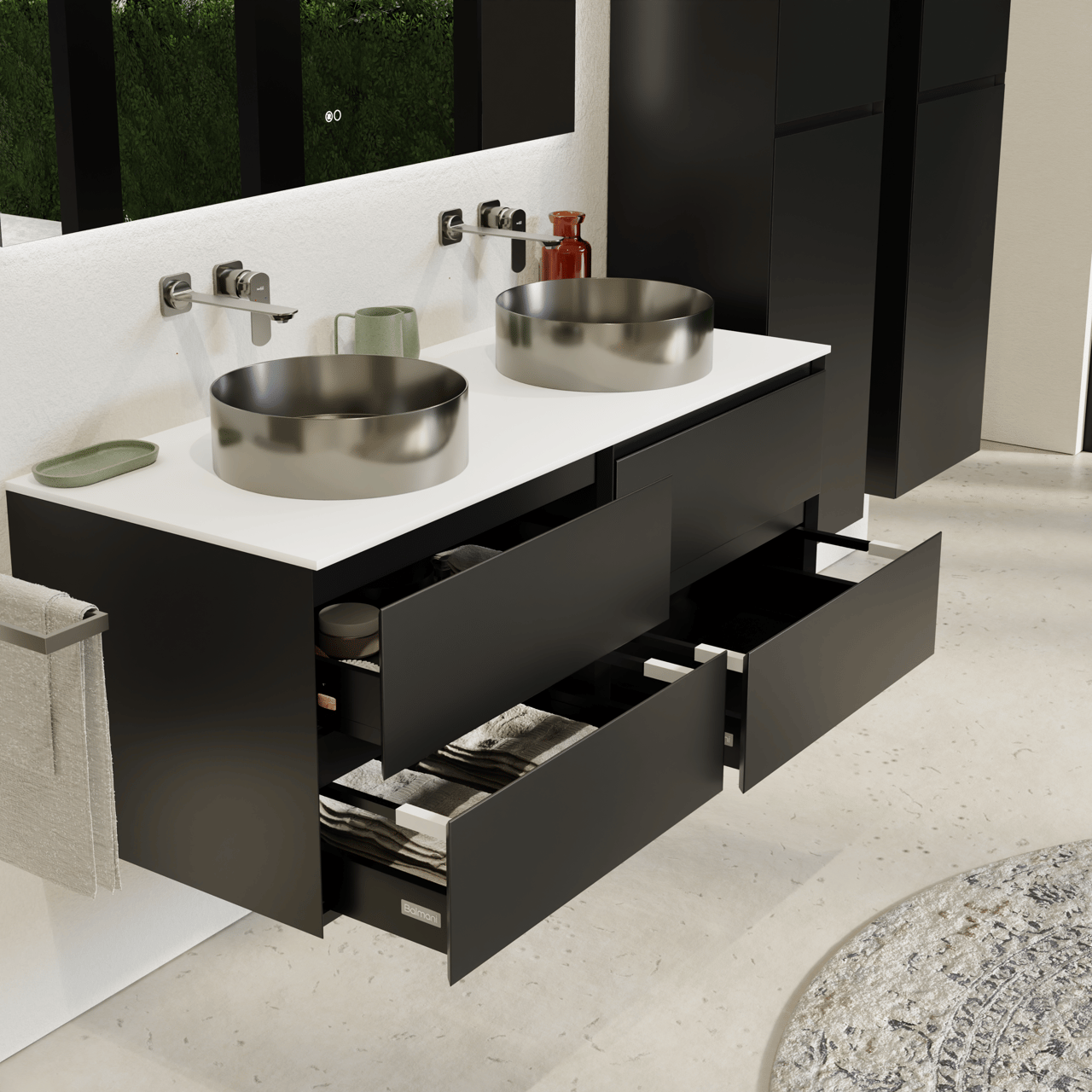 Balmani Mitra hängendes Möbelstück Set: 135 x 55 cm, Schwarz matt, mit Stretto Einzel- oder Doppel Waschtischplatte, Solid Surface Weiß matt
