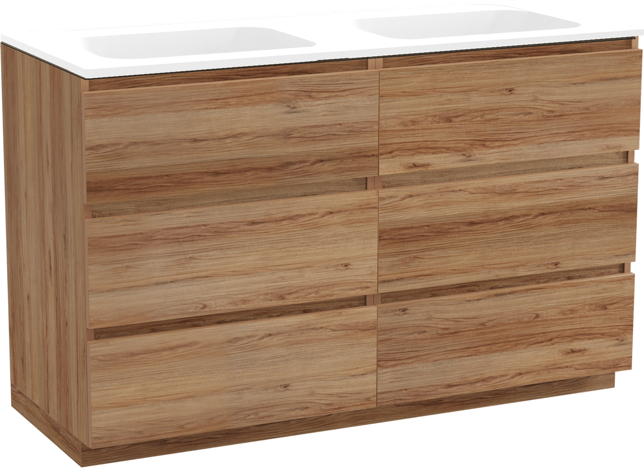 Balmani Lucida staand badkamermeubel 135 x 55 cm teak met Tablo Strada dubbele wastafel in composietmarmer mat wit