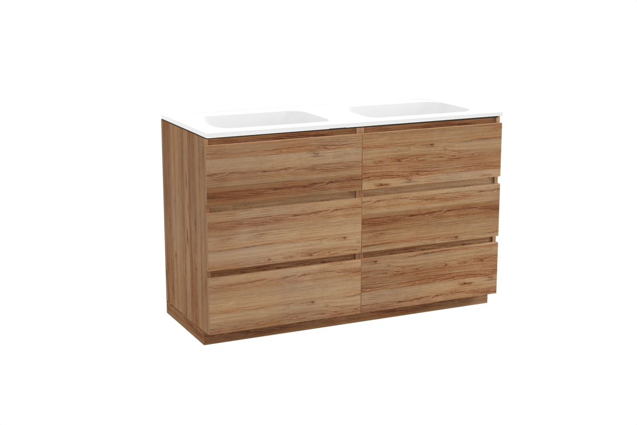 Balmani Lucida staand badkamermeubel 135 x 55 cm teak met Tablo Strada dubbele wastafel in composietmarmer mat wit