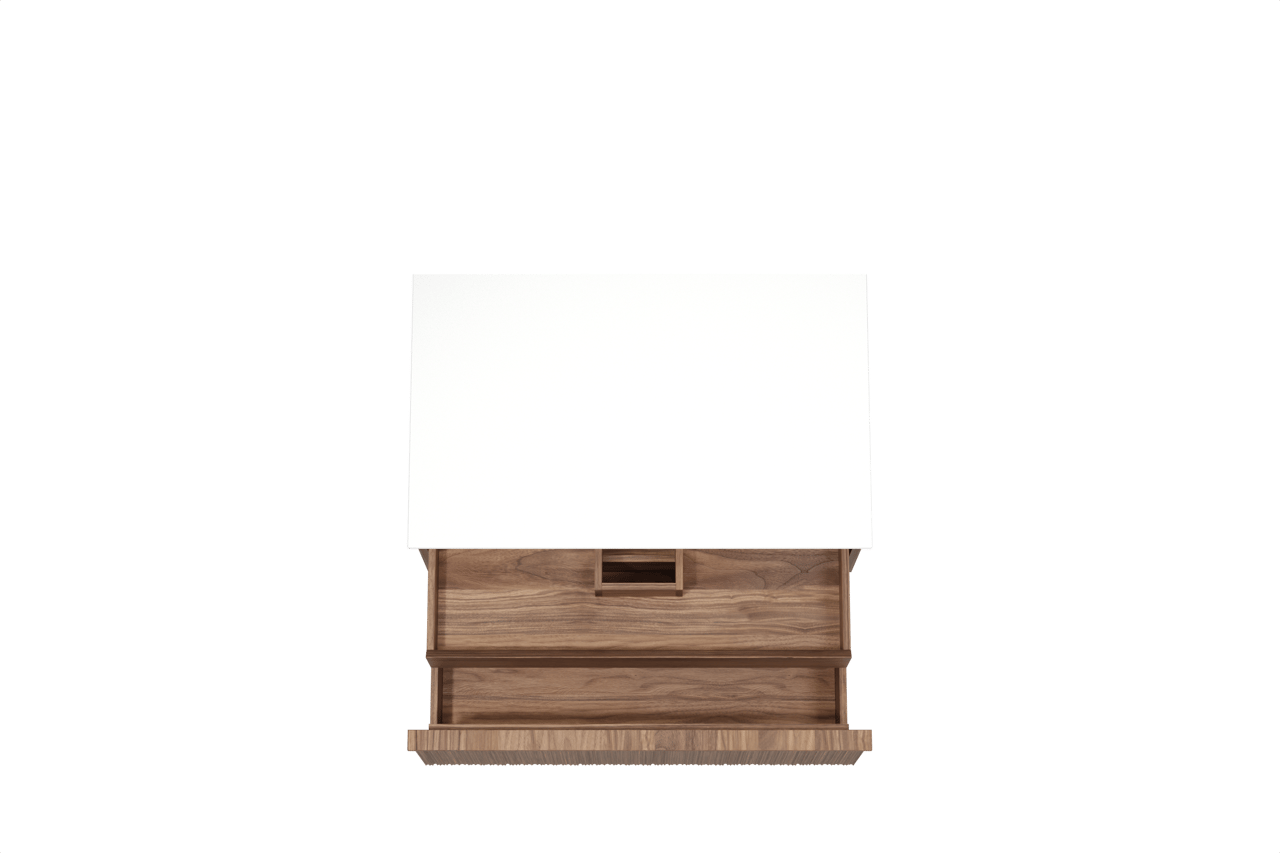 Balmani Forma hängendes Möbelstück Set: 90 x 55 cm, Amerikanischer Nussbaum, mit Stretto Einzel Waschtischplatte, Solid Surface, Weiß matt, Vertikale asymmetrische Runde Rippe