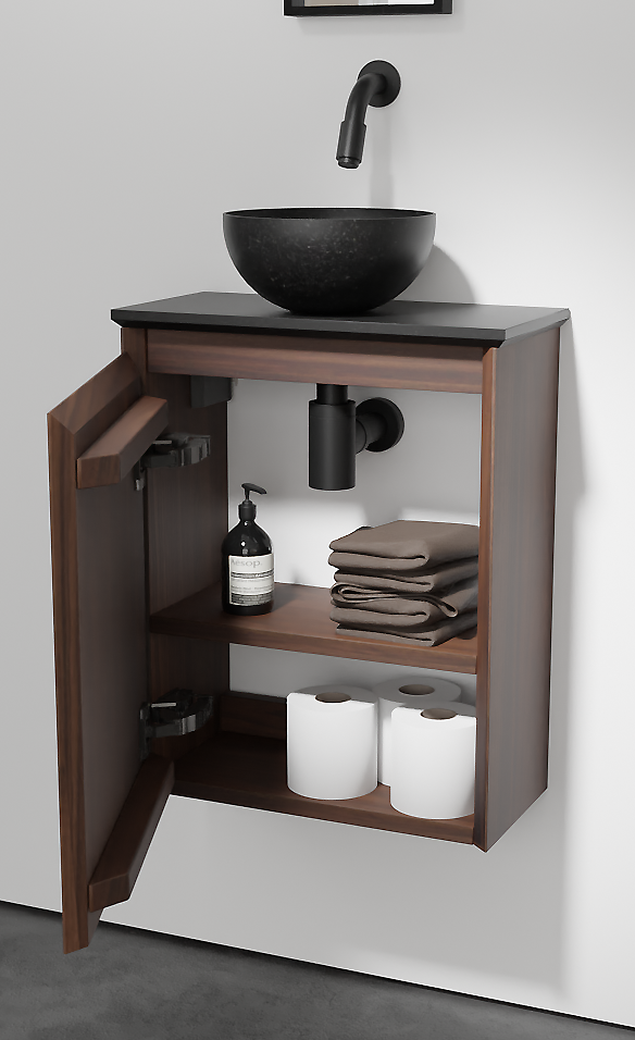 Balmani Mitra meuble wc suspendu 42 x 21 cm noyer américain avec Facetta tablette et Bari vaque à poser en granite aiguisé