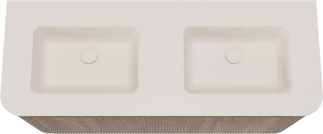 Storke Soft meuble salle de bains suspendu 120 x 46 cm chêne brut avec Mata Soft double vasque en Solid Surface beige granite, Nervure droite symétrique verticale