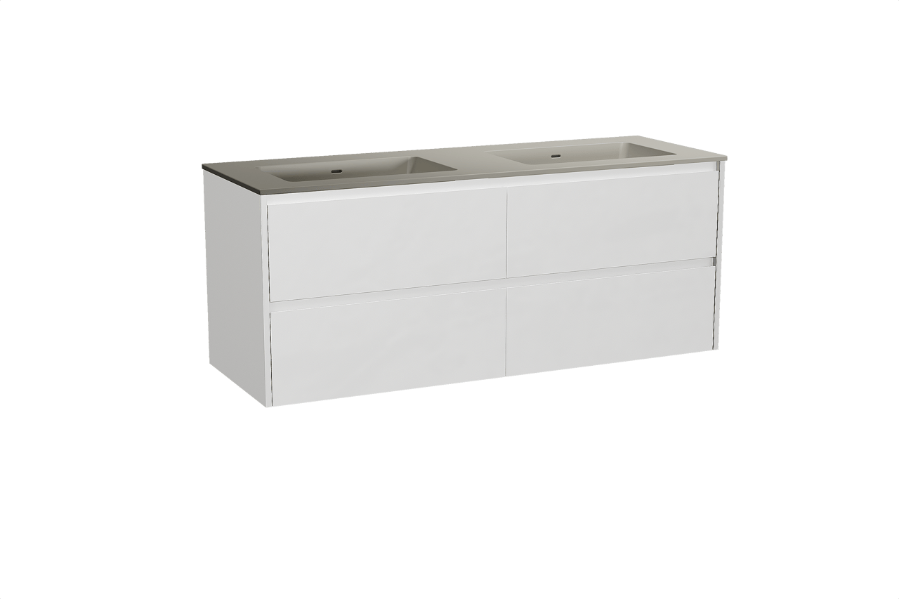 Storke Seda hängendes Möbelstück Set: 150 x 52 cm, Weiß matt, mit Diva Doppelwaschtisch, Top Solid Seidengrau