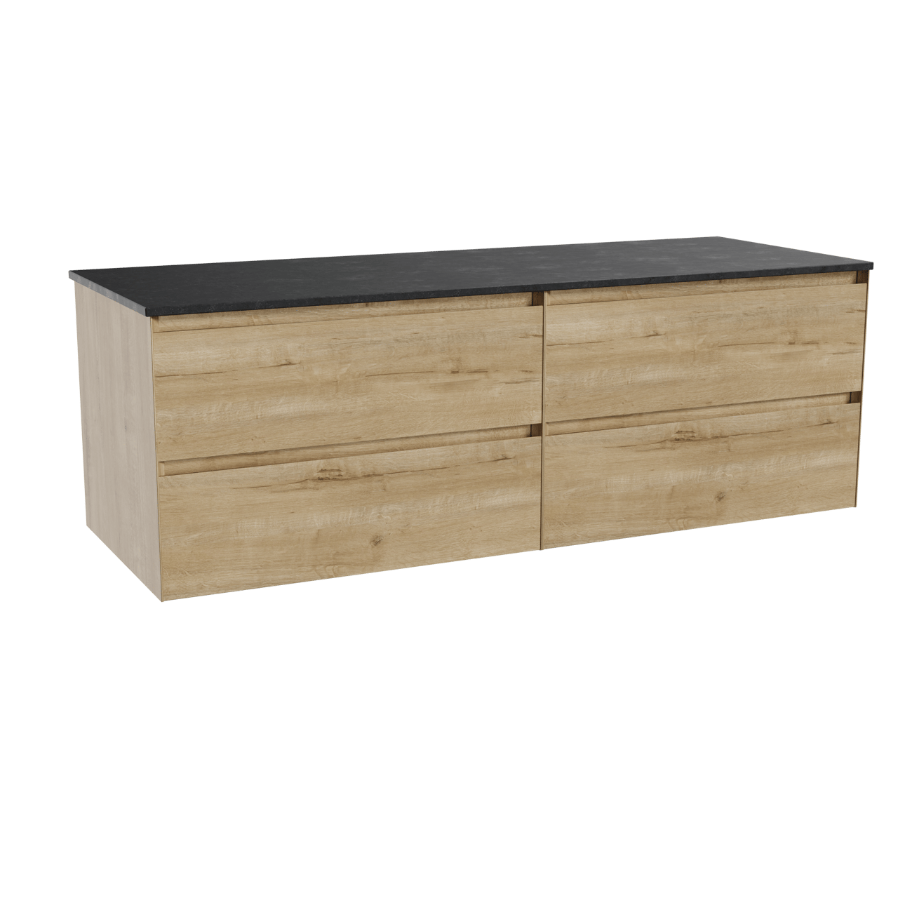 Balmani Mitra hängendes Möbelstück Set: 150 x 55 cm, Rohe Eiche, mit Stretto Einzel- oder Doppel Waschtischplatte, Schwarzes Granit