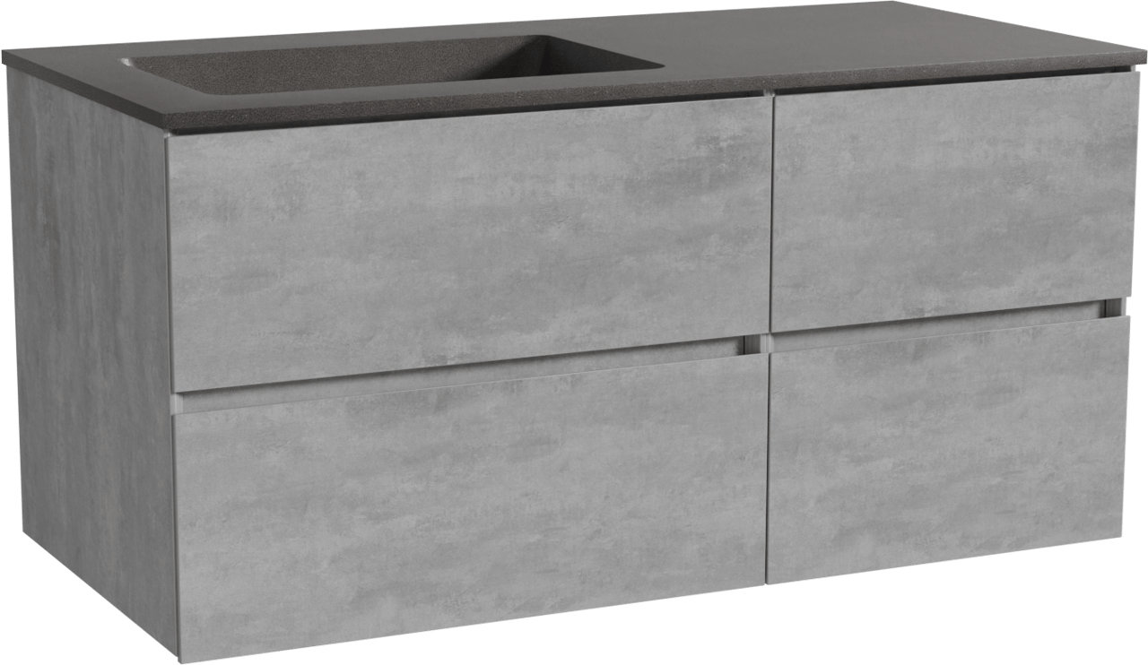 Storke Edge meuble salle de bains suspendu 110 x 52 cm béton gris foncé avec Scuro plan vasque asymétrique à gauche en quartz noir mat