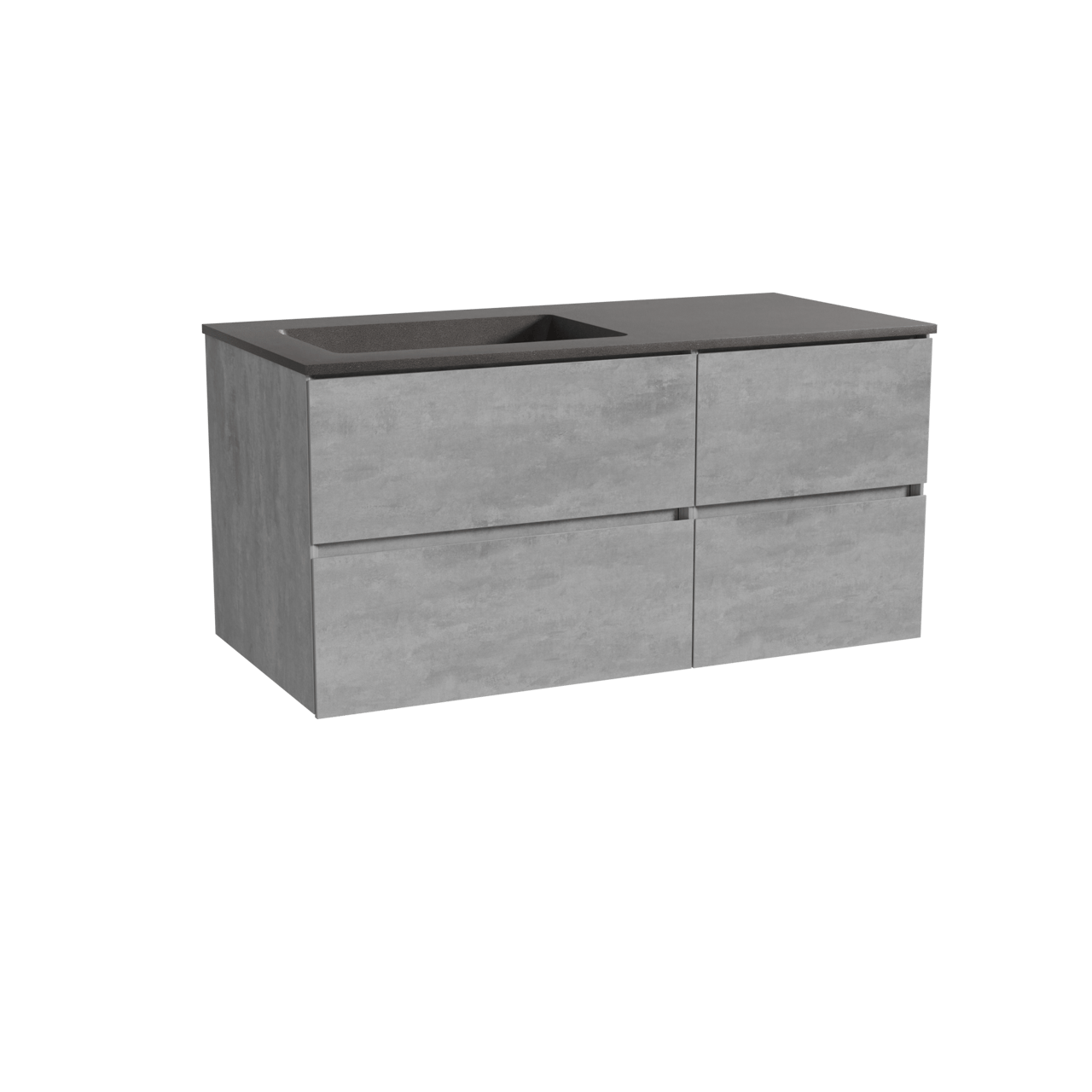 Storke Edge zwevend badmeubel 110 x 52 cm beton donkergrijs met Scuro asymmetrisch linkse wastafel in kwarts mat zwart