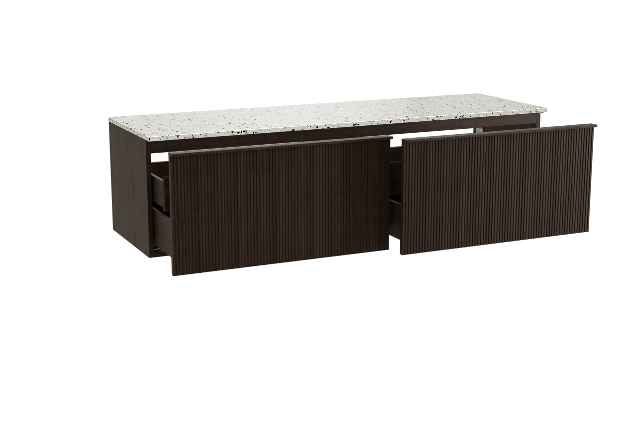 Balmani Forma hängendes Möbelstück Set: 180 x 55 cm, Geräucherte Eiche, mit Stretto Einzel- oder Doppel Waschtischplatte, Terrazzo in Weiß/Schwarz matt, Vertikale symmetrische gerade Rippe