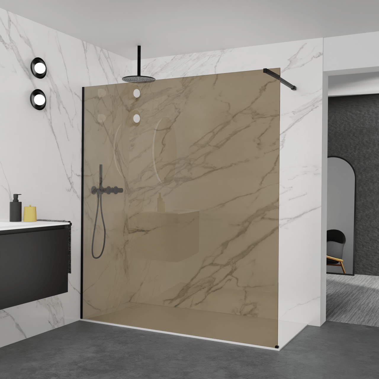 Balmani Modular Walk-In Dusche: 180 x 200 cm, Bronze Glas, inklusive Coating, Profil Schwarz matt