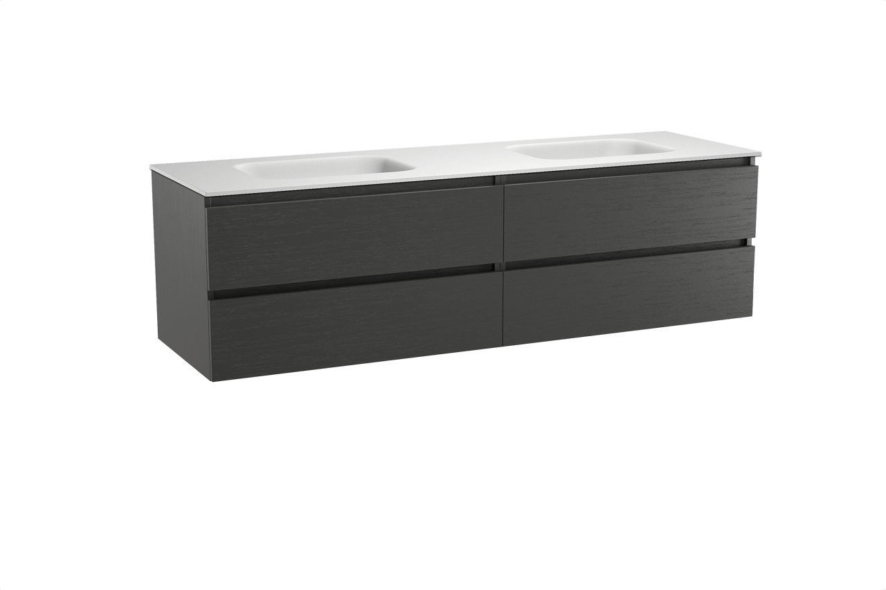 Balmani Lucida hängendes Möbelstück Set: 180 x 55 cm, Schwarze Eiche, mit Tablo Arcato Doppelwaschtisch, Solid Surface Weiß matt