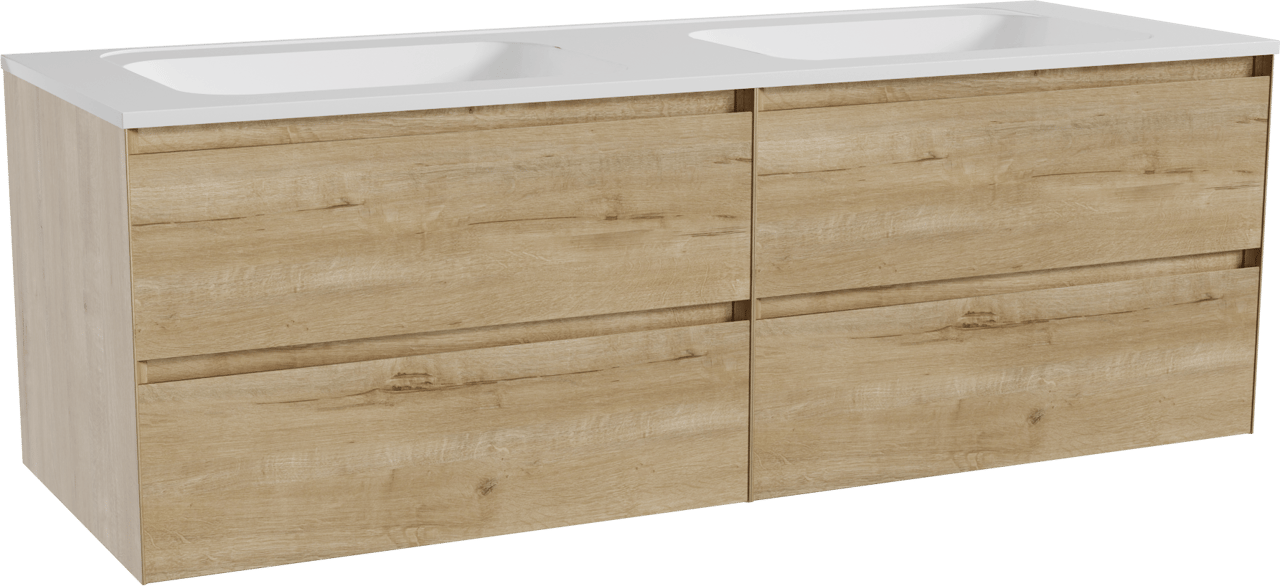 Balmani Mitra meuble salle de bains suspendu 150 x 55 cm chêne brut avec Tablo Strada double vasque en marbre composite blanc brillant