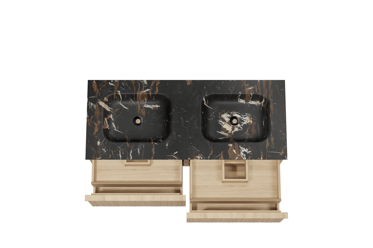 Balmani Forma meuble salle de bains suspendu 135 x 55 cm chêne naturel avec Tablo Arcato double vasque en marbre portoro gold, Nervure circulaire asymétrique verticale