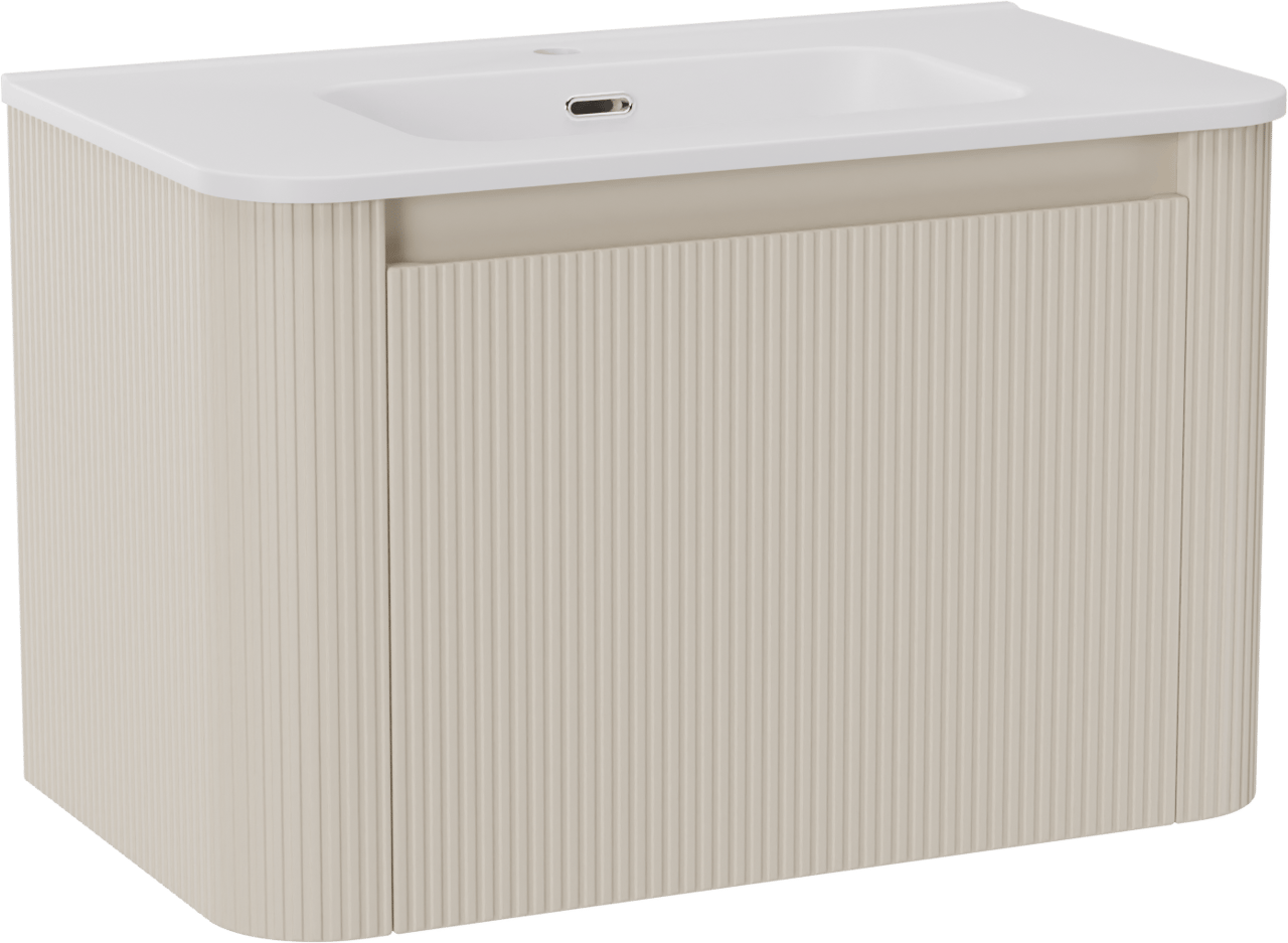 Storke Soft hängendes Möbelstück Set: 80 x 46 cm, Sand Matt, mit Kera Soft Einzelwaschtisch Keramik Weiβ matt, Vertikale symmetrische gerade Rippe