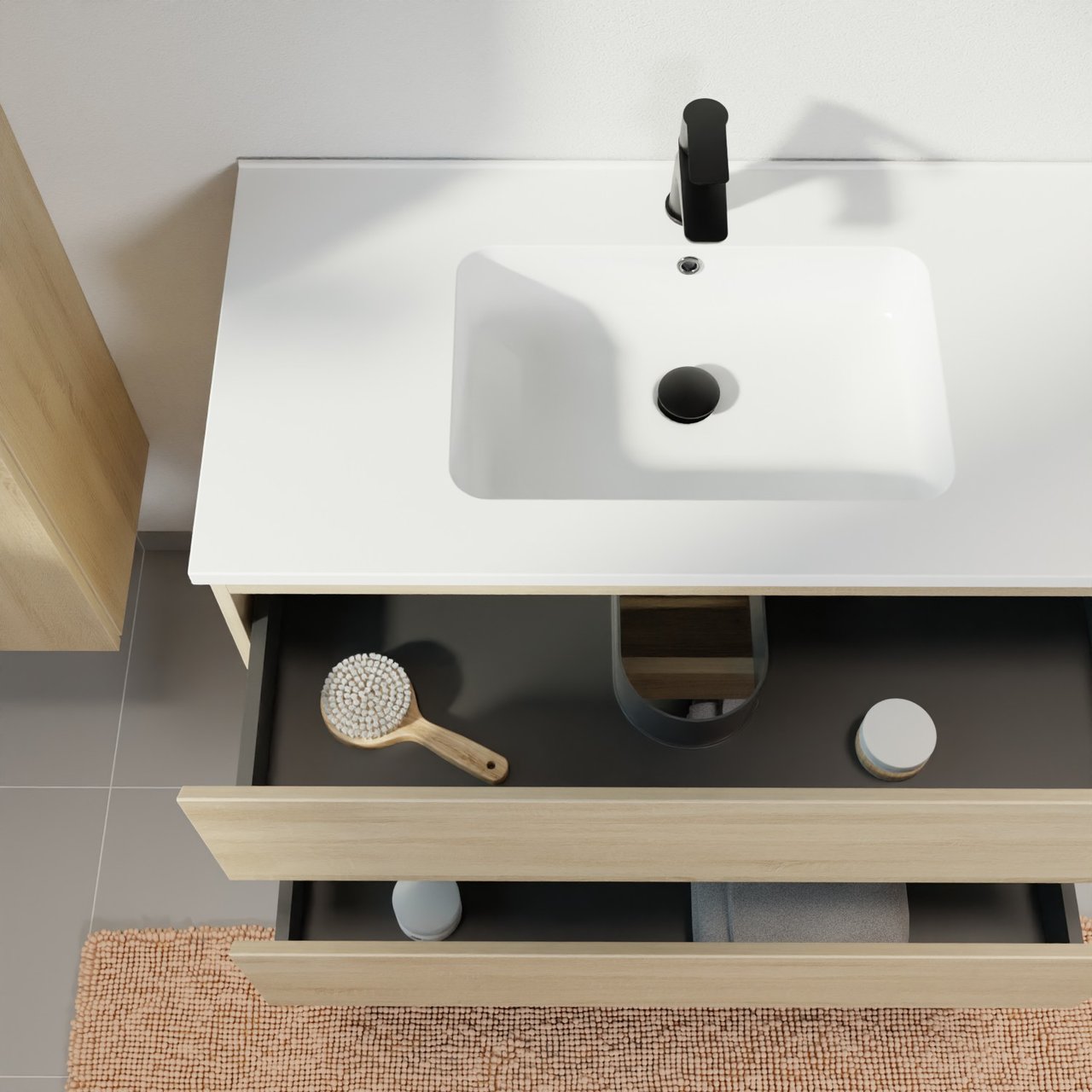 Linie Lado zwevend badmeubel 120 x 46 cm wit eiken met Vano asymmetrisch rechtse wastafel in composietmarmer mat wit