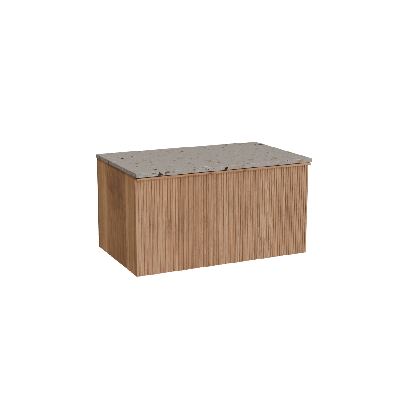 Balmani Forma hängendes Möbelstück Set: 90 x 55 cm, Teak, mit Stretto Einzel Waschtischplatte, Terrazzo in Greige, Vertikale symmetrische gerade Rippe