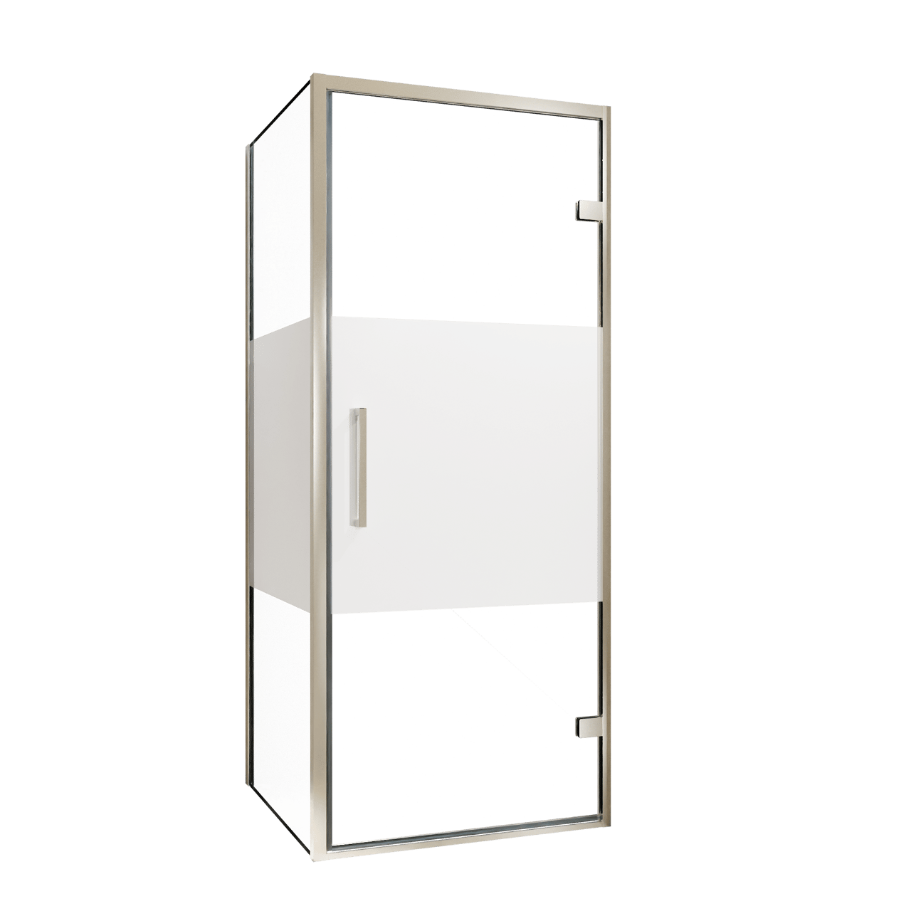 Balmani Senses Design douchecabine met rechtse draaideur en vaste zijwand, 90 x 100 cm, Helder glas met matte strook, Brushed CoolMetal profielen