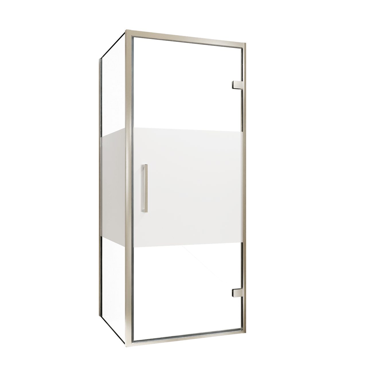Balmani Senses Design Eckdusche: Drehtür (Rechts) mit fixierte Seitenwand, 90 x 100 cm, Klarglas mit mattiertem Streifen, Profil Brushed CoolMetal