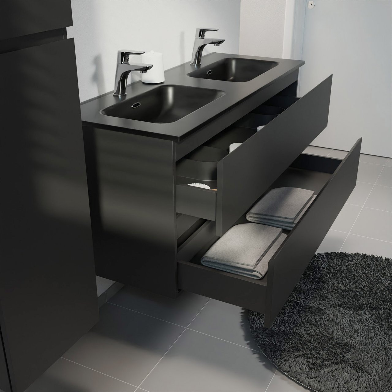 Linie Lado meuble salle de bains suspendu 120 x 46 cm noir mat avec Baro double vasque en porcelaine noir mat