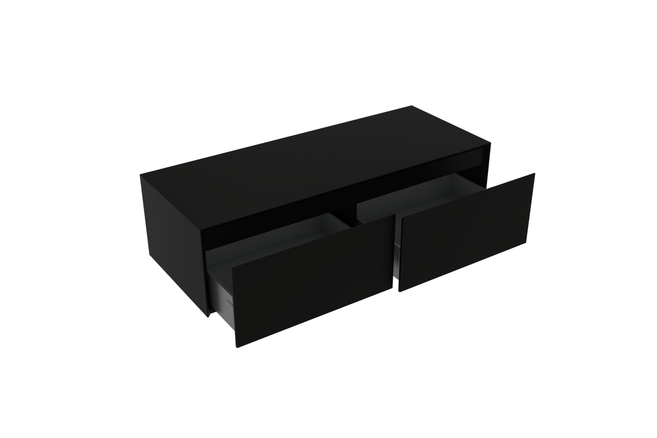 Storke Edge Modulo meuble salle de bains suspendu 120 x 52 cm noir mat avec Mata High plan simple en solid surface blanc mat et Edge Modulo colonne salle de bains