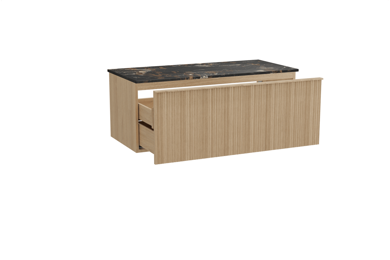 Balmani Forma hängendes Möbelstück Set: 120 x 55 cm, Naturbelassene Eiche, mit Stretto Einzel Waschtischplatte, Marmor, Portoro Gold, Vertikale asymmetrische Runde Rippe