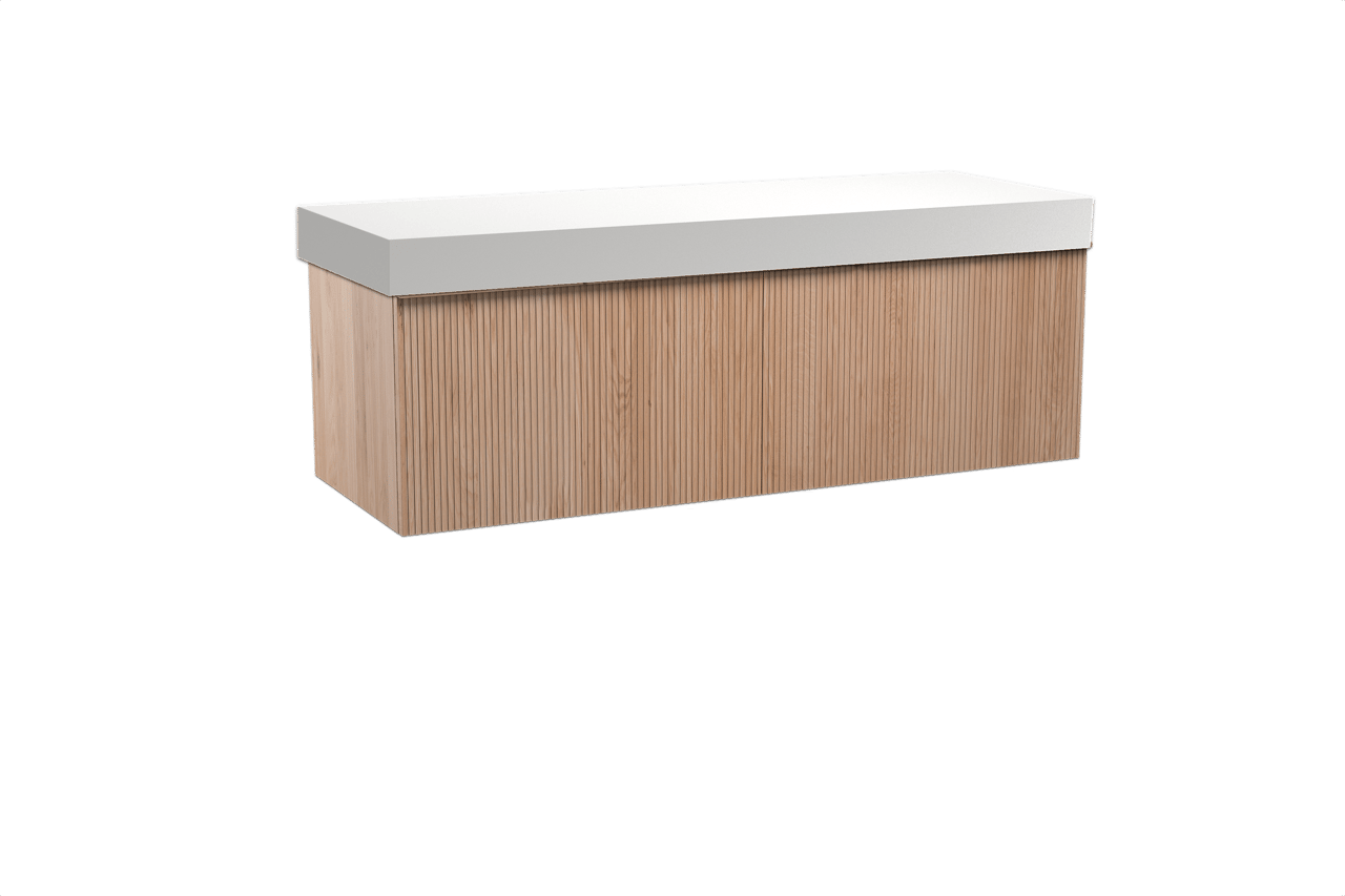 Balmani Forma meuble salle de bains suspendu 150 x 55 cm chêne naturel avec Dominus tablette simple ou double en solid surface blanc mat, Nervure droite symétrique verticale
