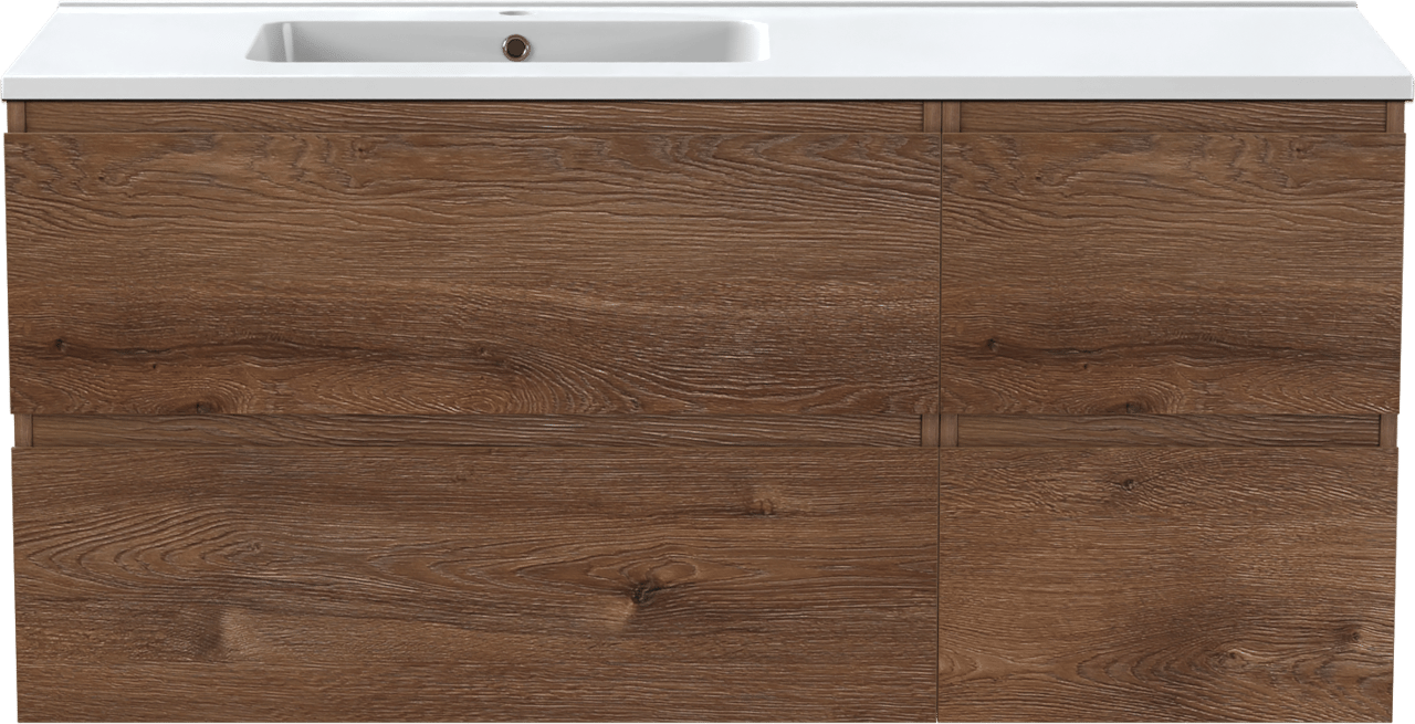 Linie Lado zwevend badmeubel 120 x 46 cm bruin eiken met Vano asymmetrisch linkse wastafel in composietmarmer hoogglans wit