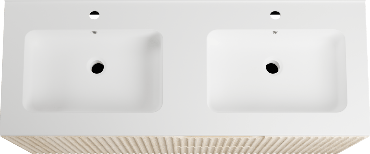 Linie Ribbo zwevend badkamermeubel 120 x 46 cm lichte eik met Vano dubbele wastafel in composietmarmer mat wit, Verticale symmetrische ronde ribbel