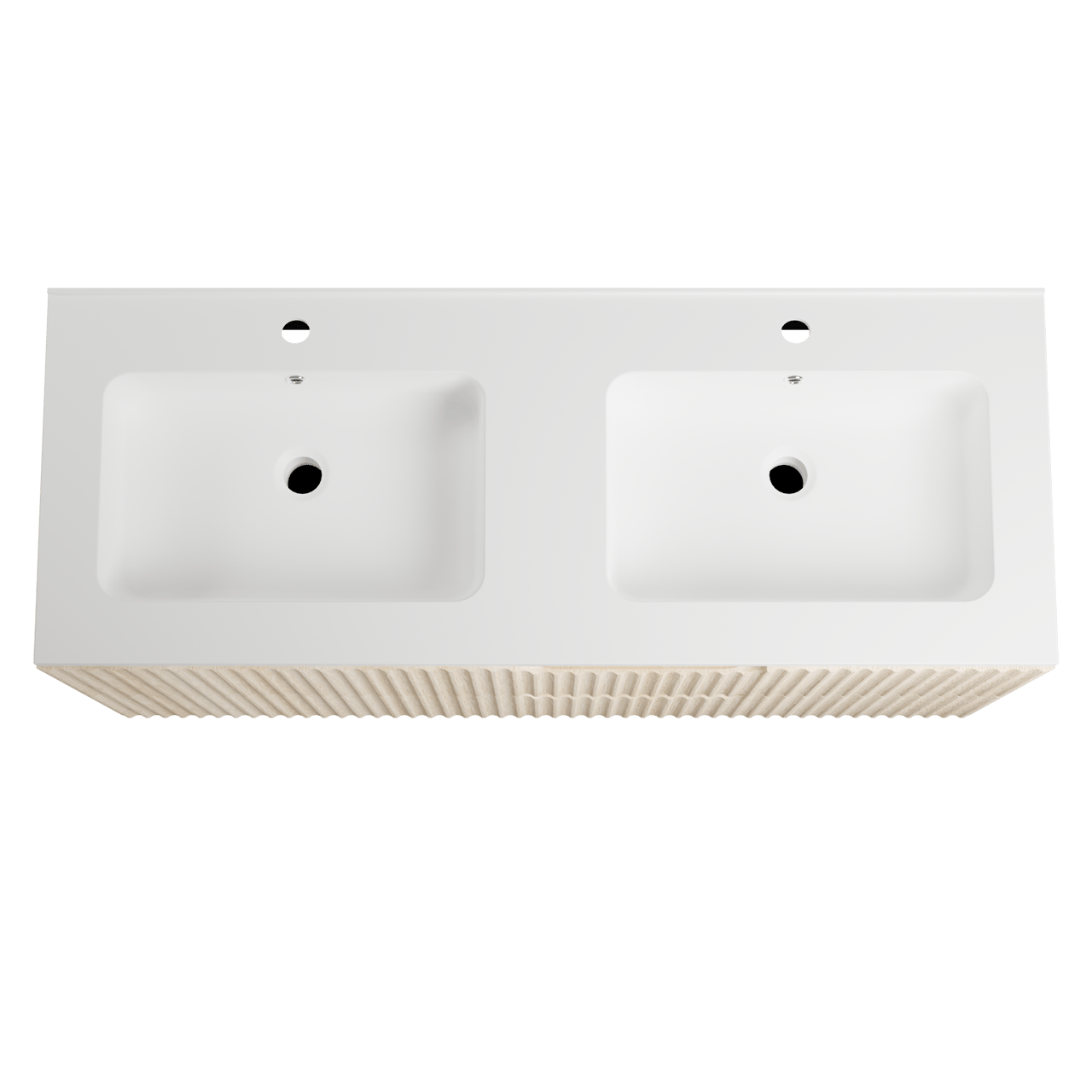 Linie Ribbo hängendes Möbelstück Set: 120 x 46 cm, Helle Eiche, mit Vano Doppelwaschtisch, Marmorkomposit, Weiß matt, Vertikale symmetrische runde Rippe