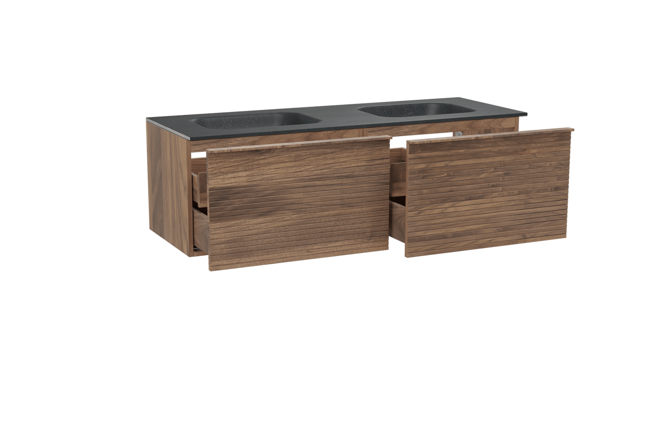 Balmani Forma meuble salle de bains suspendu 150 x 55 cm noyer américain avec Tablo Arcato double vasque en granit noir, Nervure droite symétrique horizontale