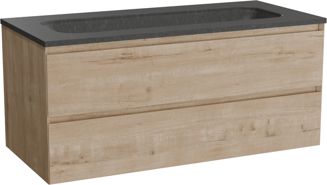 Balmani Mitra hängendes Möbelstück Set: 120 x 55 cm, Rohe Eiche, mit Tablo Arcato Einzelwaschtisch für 2 Armaturenlöcher, Schwarzes Granit