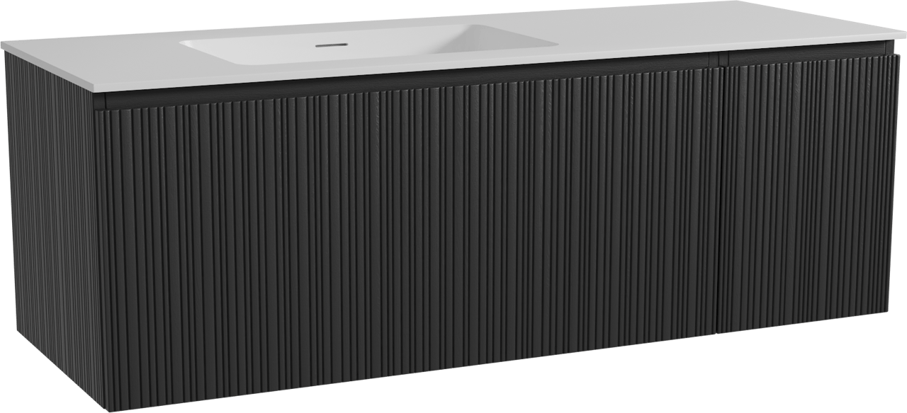 Storke Ribs hängendes Möbelstück Set: 140 x 52 cm, Schwarze Eiche, mit Mata Waschtisch links, Solid Surface, Weiß matt, Vertikale asymmetrische gerade Rippe